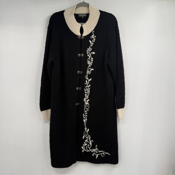 Classic Alpaca Sweaters - Classic Alpaca Embroidered Duster Cardigan Coat Womens L Black Cream Clasp Peru